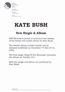 Oficjalna informacja EMI na temat daty wydania nowego, studyjnego, podwjnego albumu Kate oraz pierwszego singla z tej pyty...